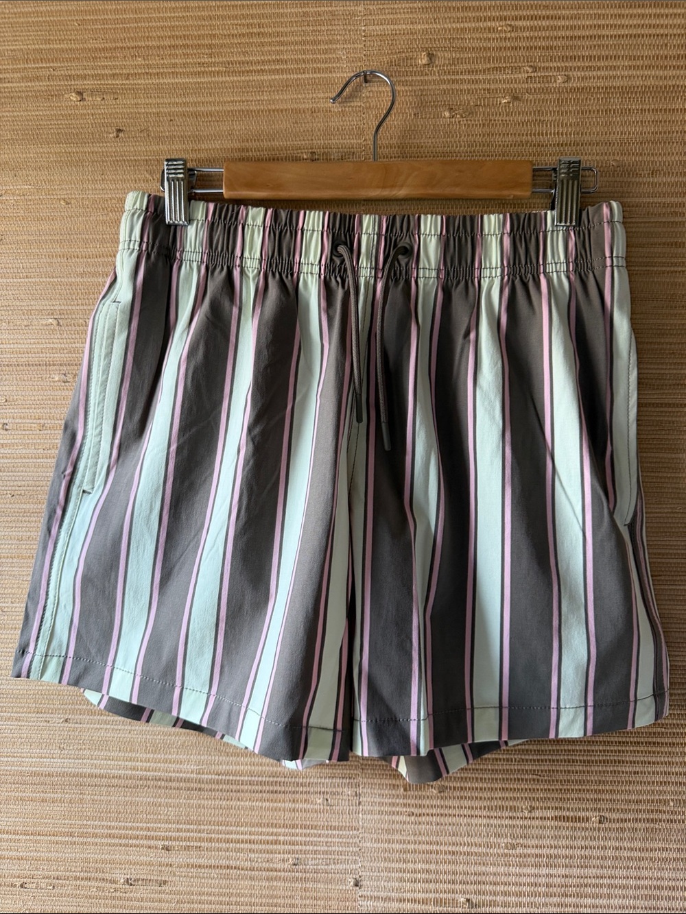 Zara Men's Striped Swim Trunks in Mint, Pink, and Gray